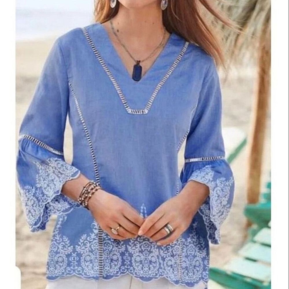 Sundance Lace Blue and White Liliana Embroidered Blouse Top Medium Boho